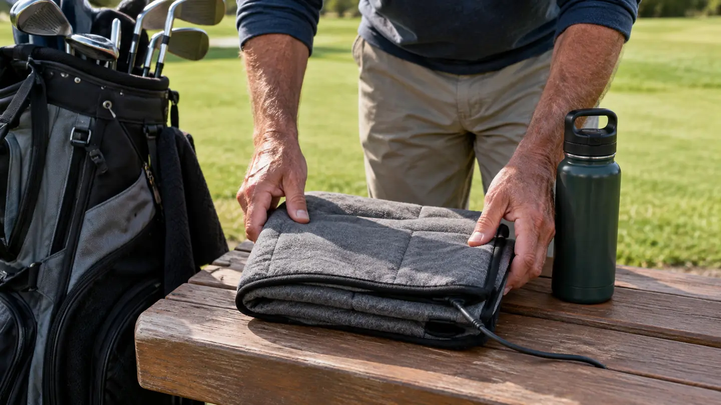 A hand placing a folded heating pad on a bench beside a golf bag