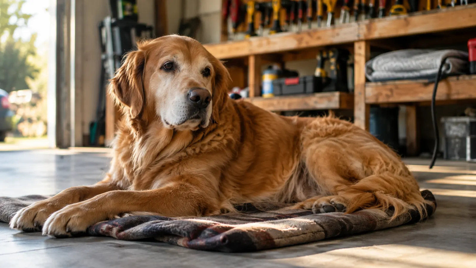A large dog lying on a blanket in a garage while a heating pad sits folded on a workbench in the background