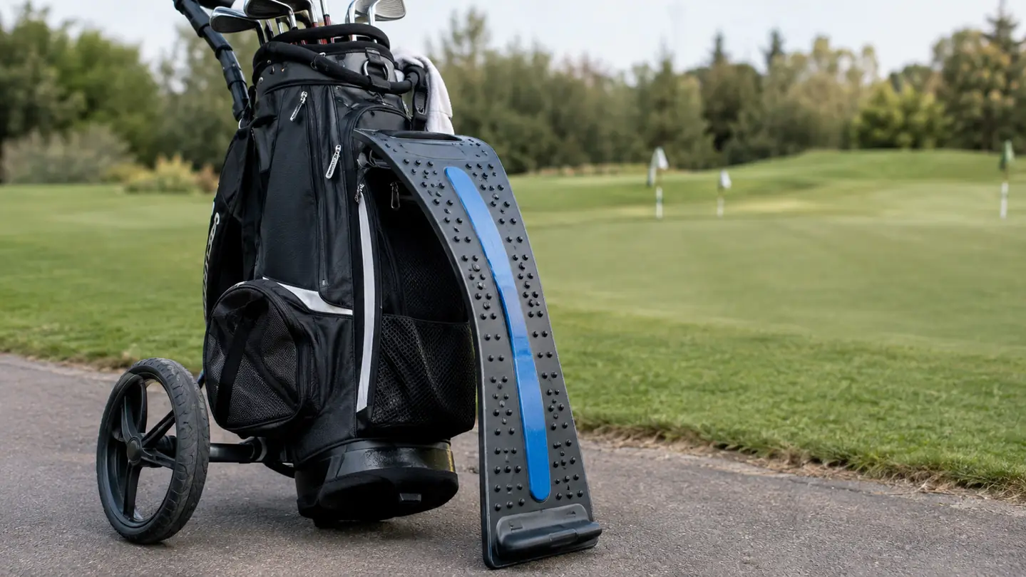 A back stretcher leaning against a golf bag on a cart path beside a practice green