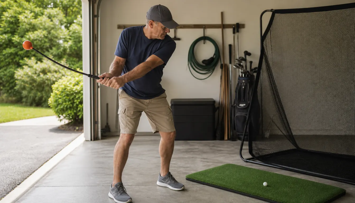 A golfer in a garage taking a practice swing with a swing trainer in front of a hitting net