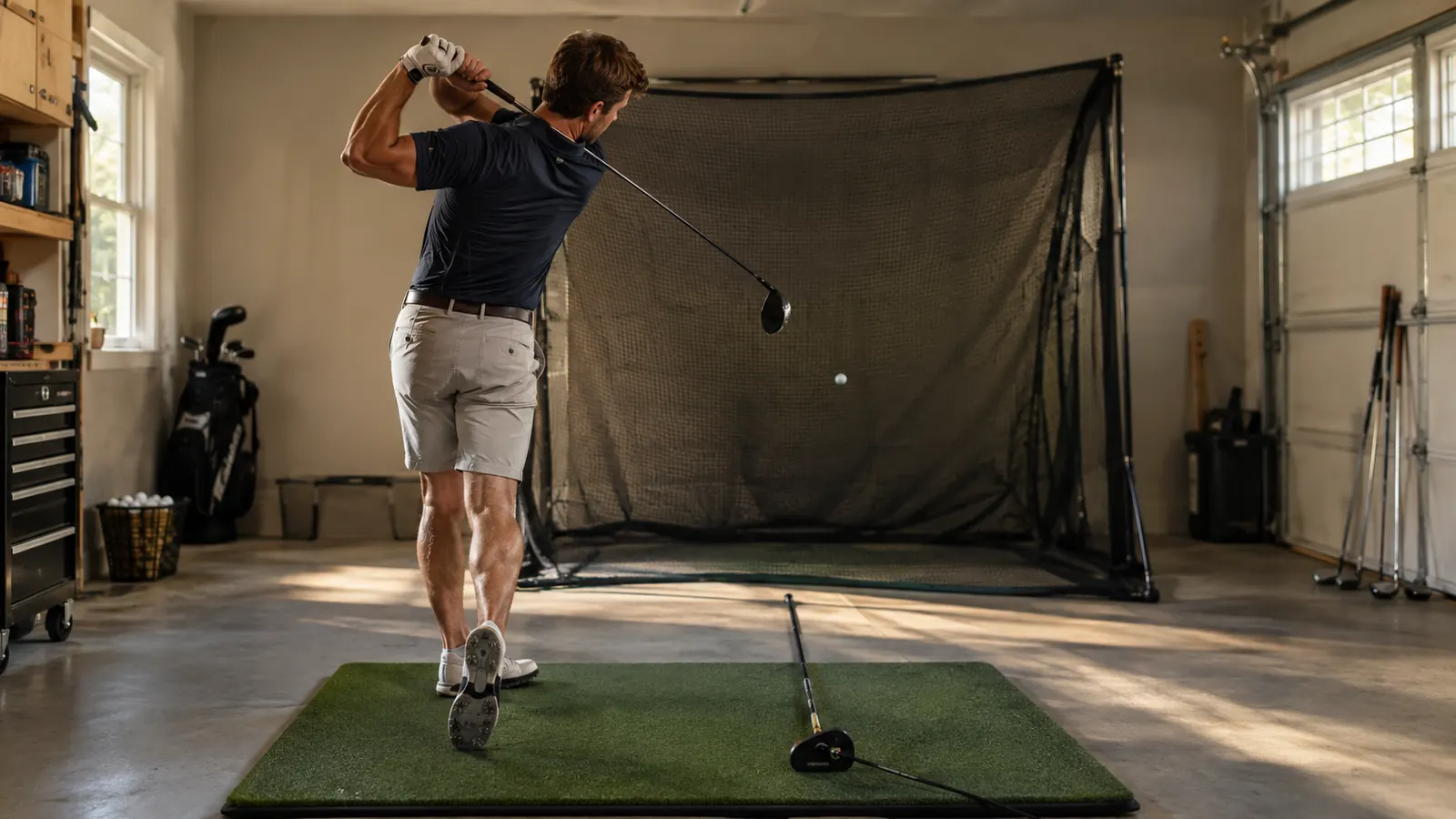 A golfer mid-swing on a foam mat in a garage with a swing trainer, hitting net in the background