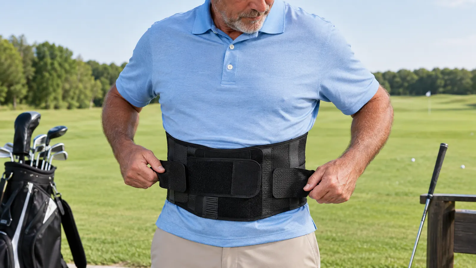 A golfer adjusting a back brace over a polo shirt on the practice tee