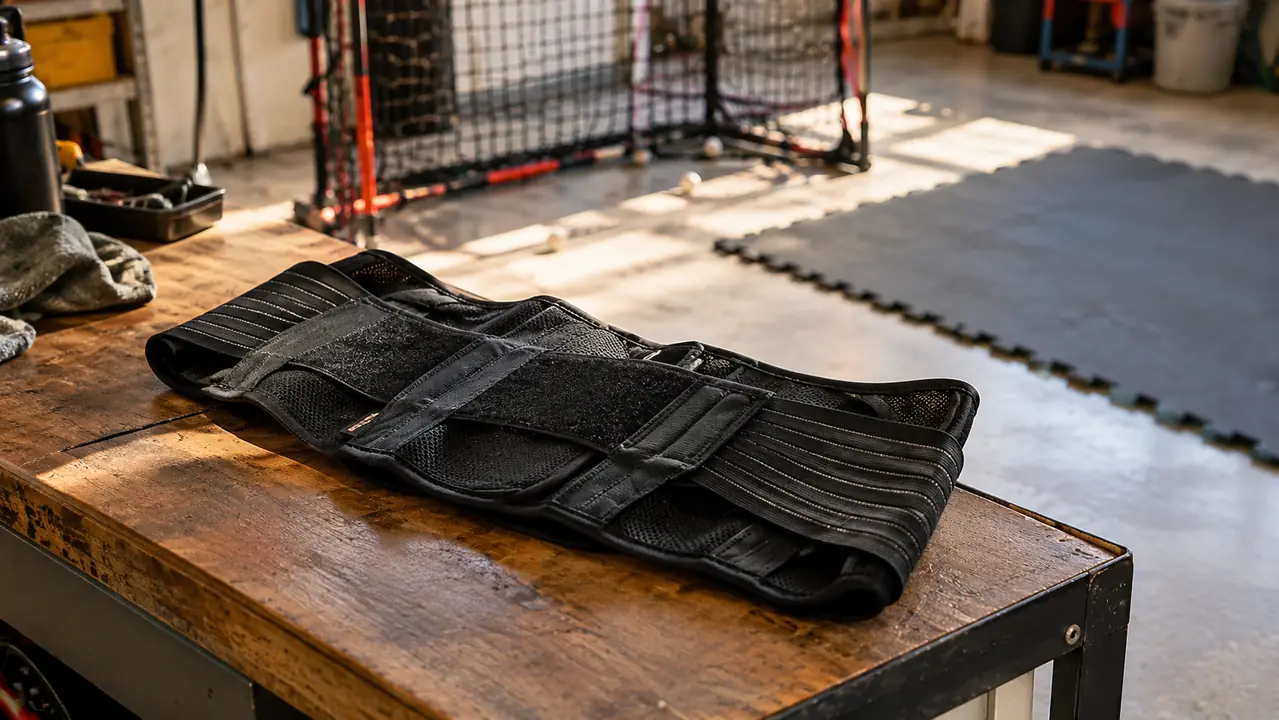 A back brace resting on a garage workbench next to a hitting net