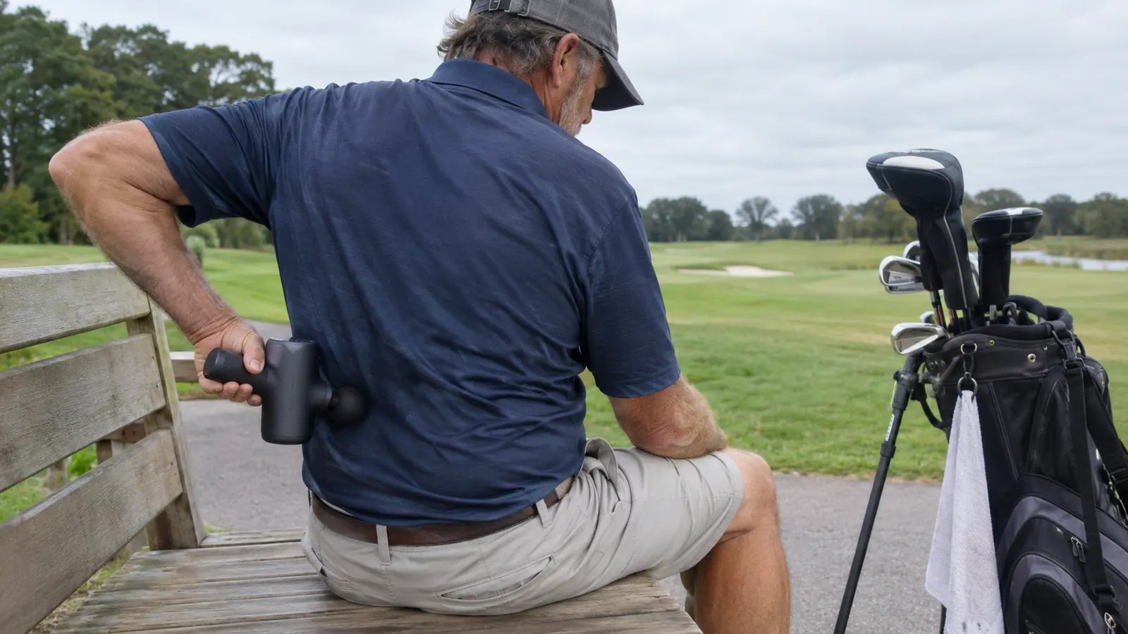 A golfer seated on a bench using a massage gun on their lower back, golf clubs resting nearby.