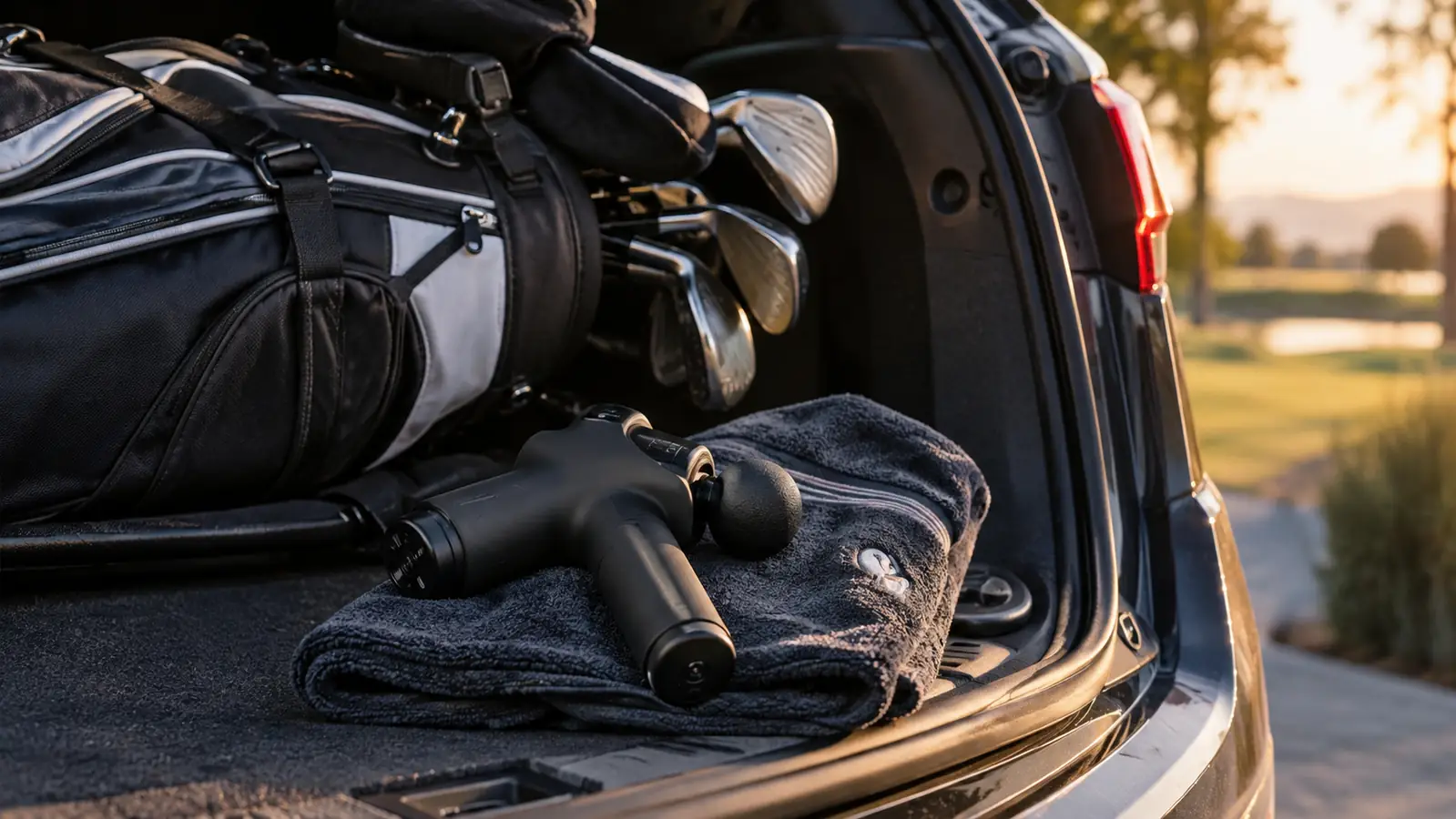 A massage gun lying on a folded golf towel in the trunk of a car.