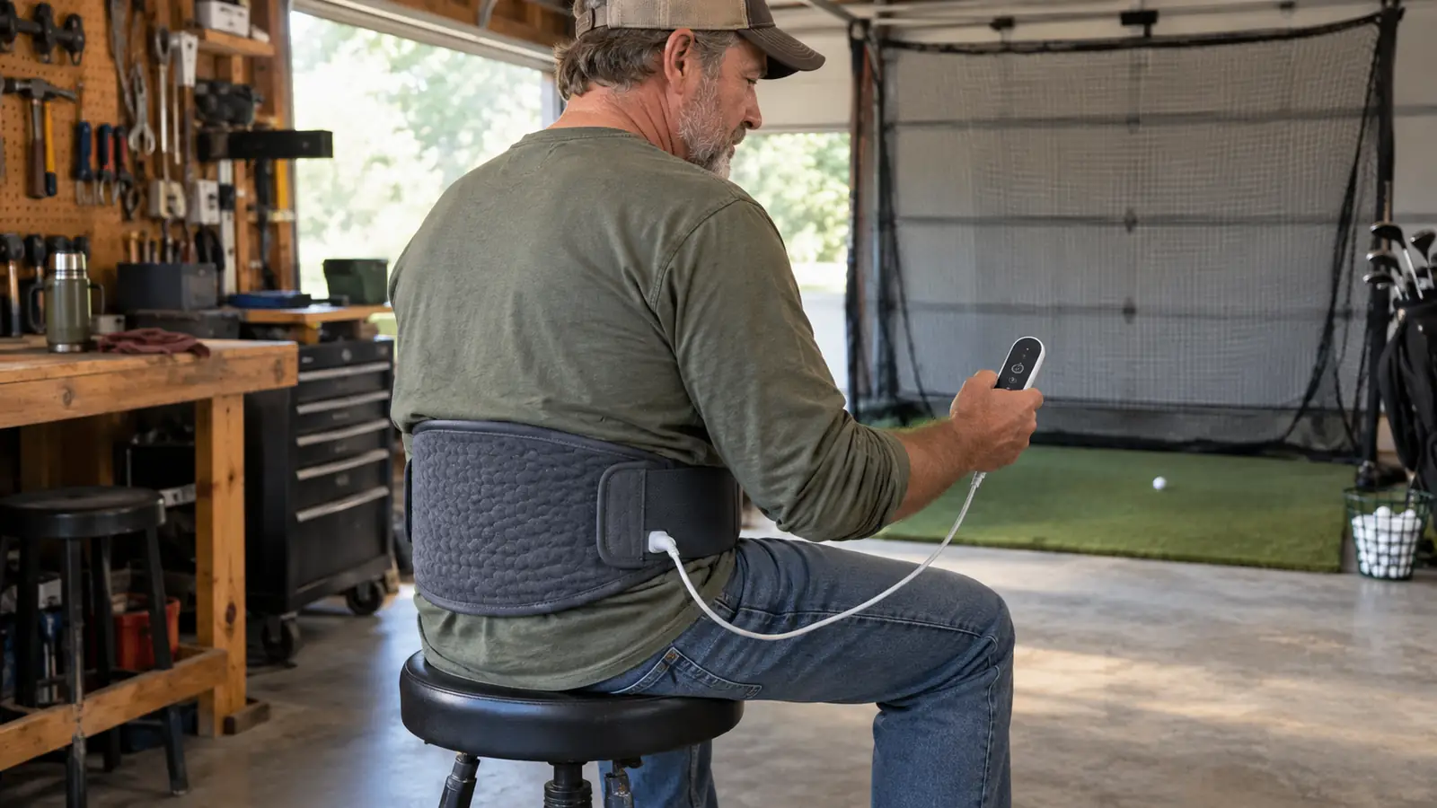 A person sitting on a garage stool with the heating pad wrapped around their lower back, controller in hand