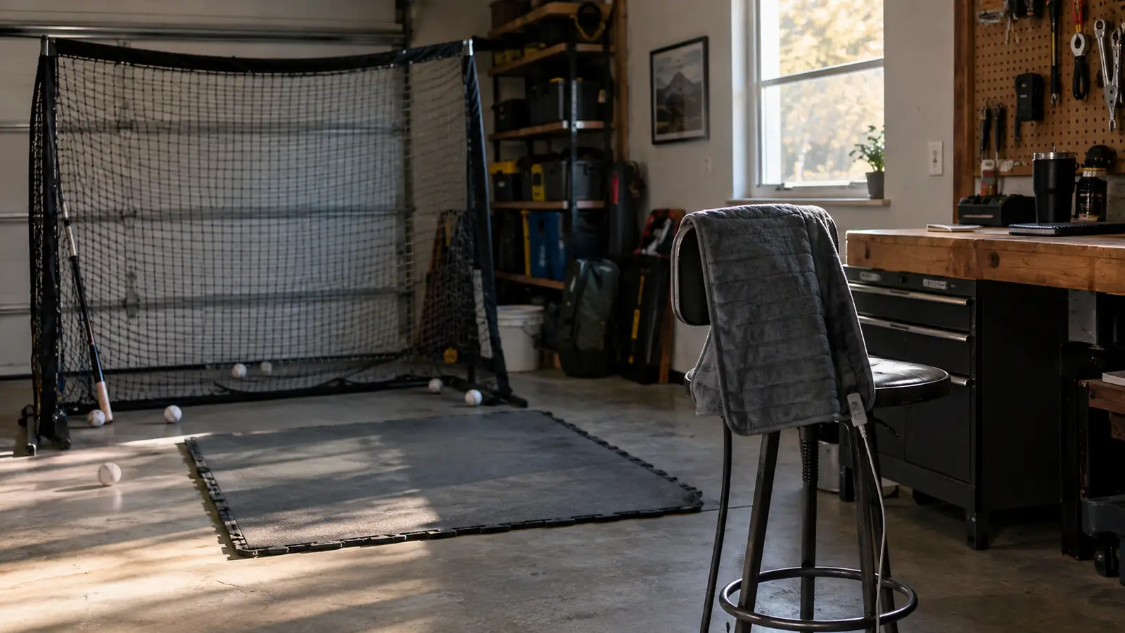 A garage workbench with a hitting net, a foam mat, and a heating pad draped over the back of a stool