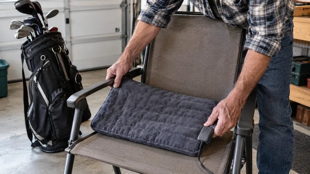 A hand placing a folded heating pad on a chair seat beside a golf bag