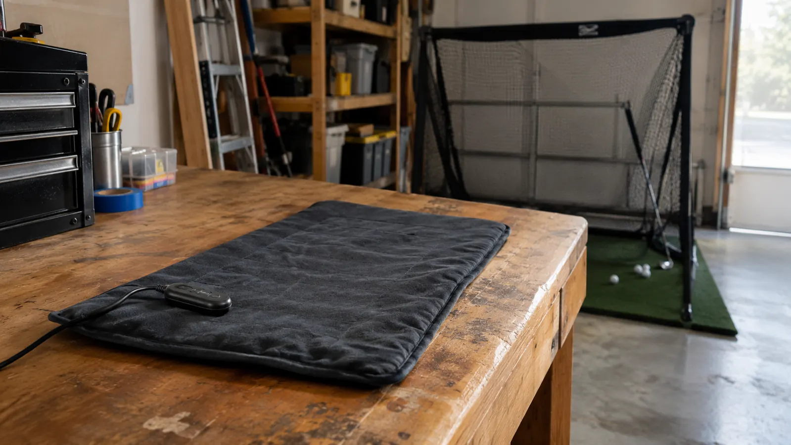 A garage workbench with a heating pad lying flat and a small golf net in the background