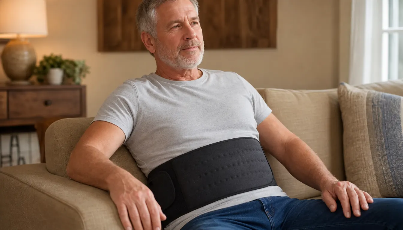 A person seated on a couch with a heating pad wrapped around their lower back