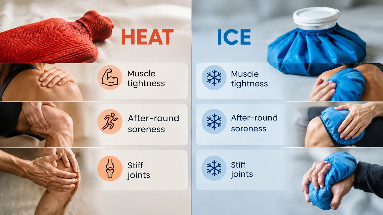 A simple chart comparing heat and ice for muscle tightness, after-round soreness, and stiff joints