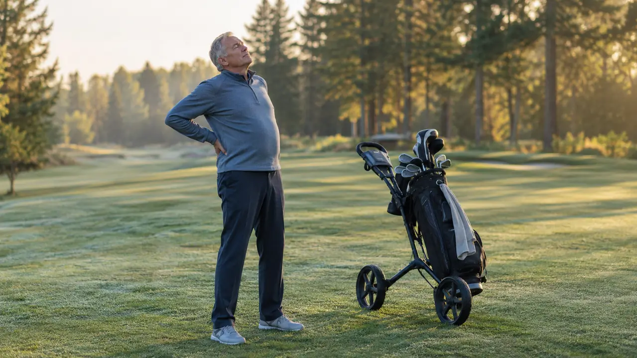 A golfer stretching his lower back beside a push cart on a quiet fairway in the early morning