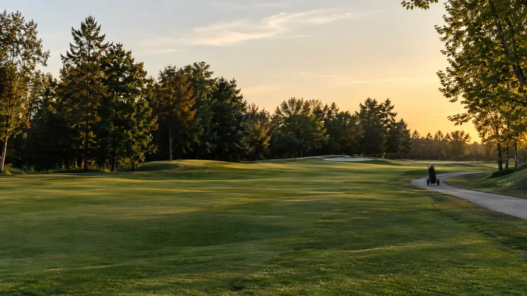 A golf course fairway in late afternoon light with a push cart in the distance