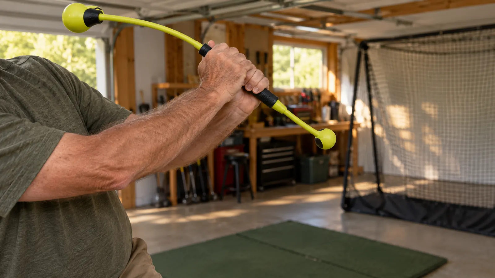 Hands gripping the swing trainer mid-swing in a garage with a hitting net behind them.