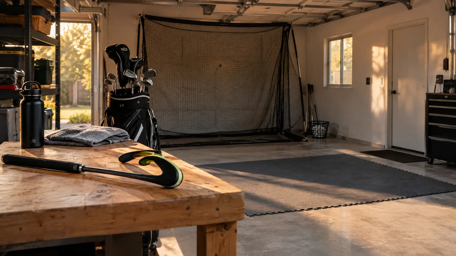 The swing trainer lying on a garage workbench beside a golf bag, with a hitting net against the wall behind.