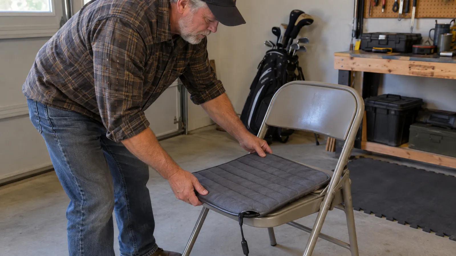 A person placing a folded heating pad on a chair seat in a garage, golf clubs leaning against the wall