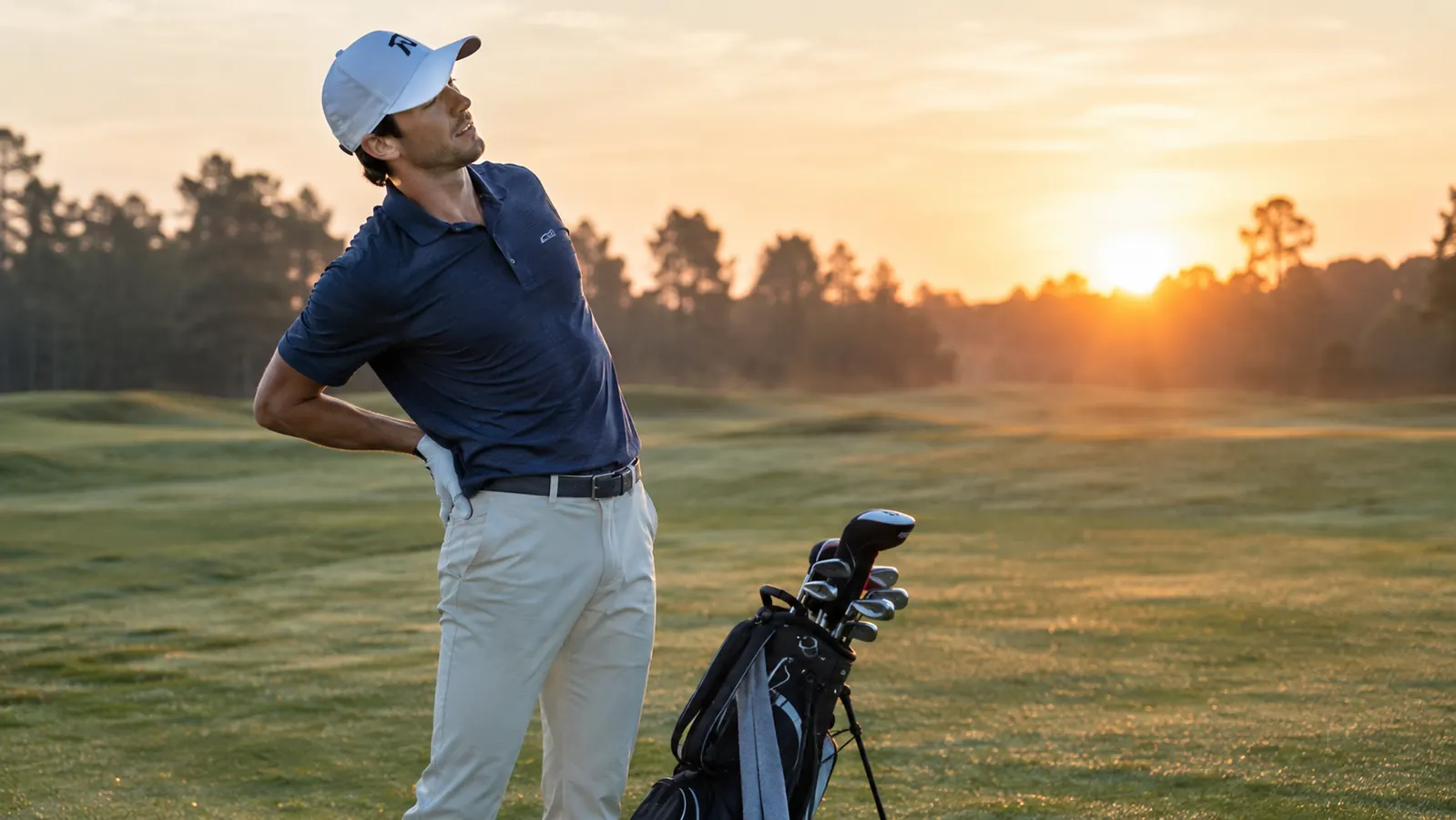 A golfer on a course at sunrise, hands on his lower back, stretching before a round