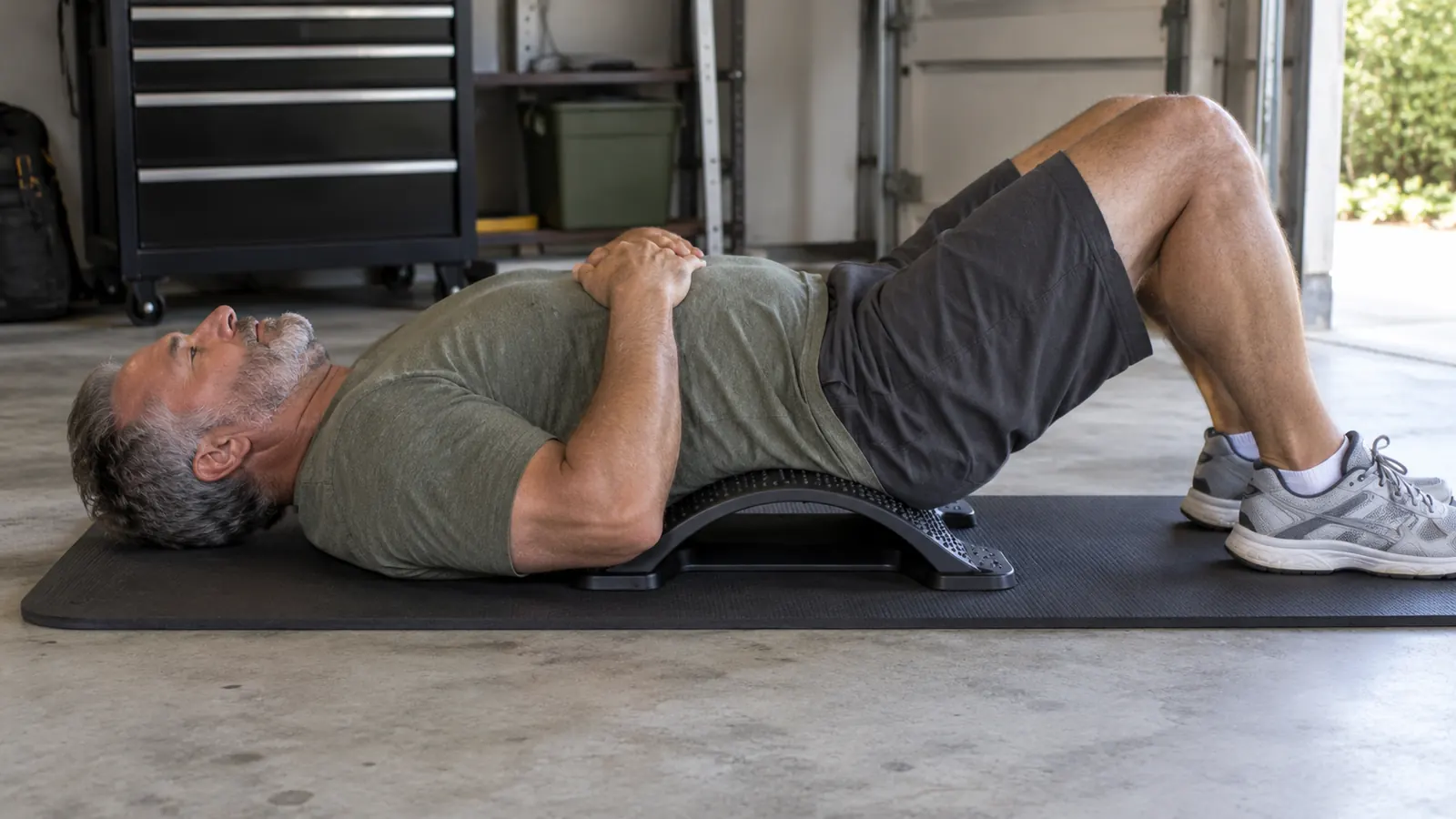 A person lying on a foam mat in a garage with a back stretcher under the lower back and knees bent.