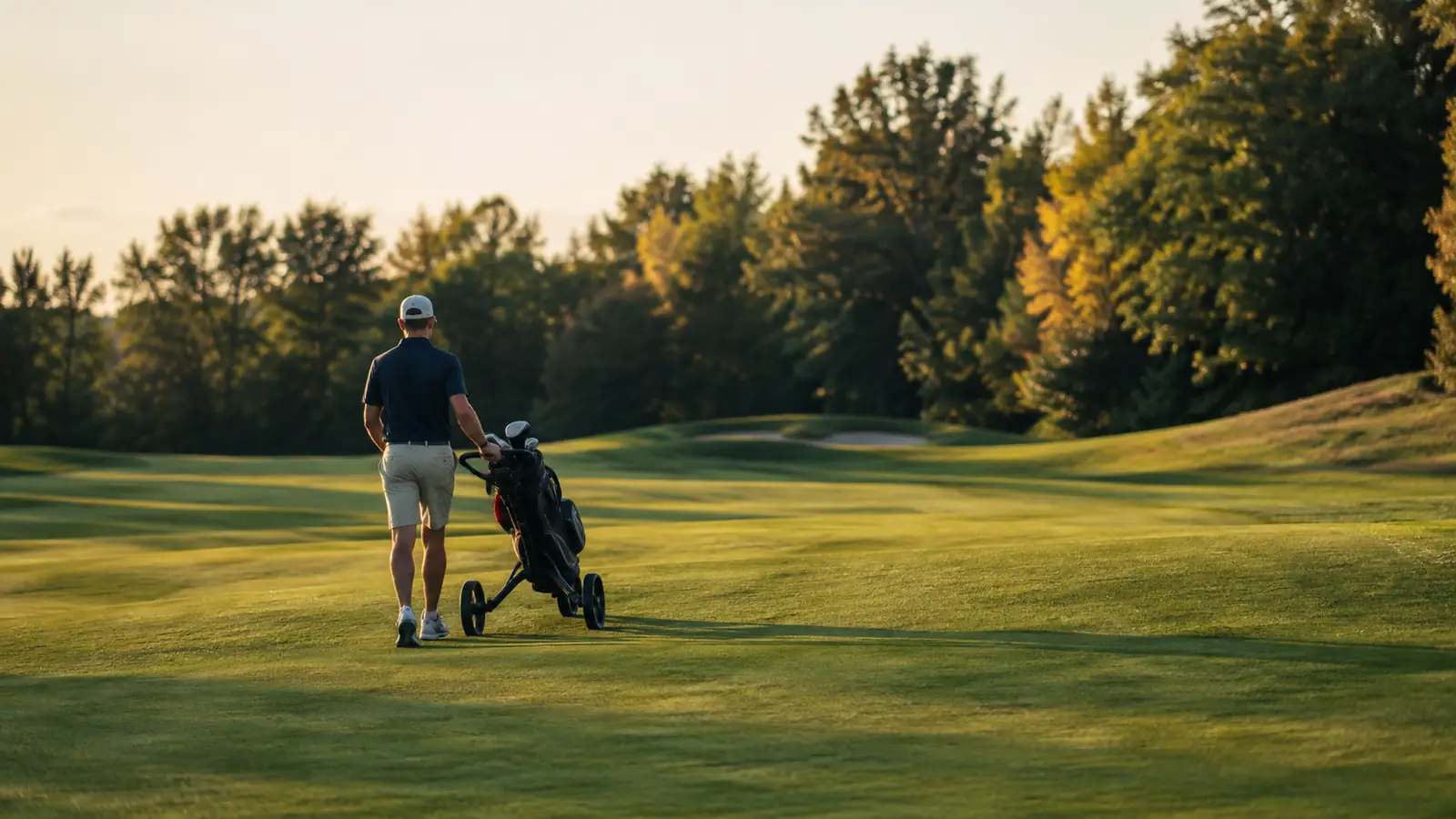 A golfer walking a push cart along a fairway in late afternoon light.