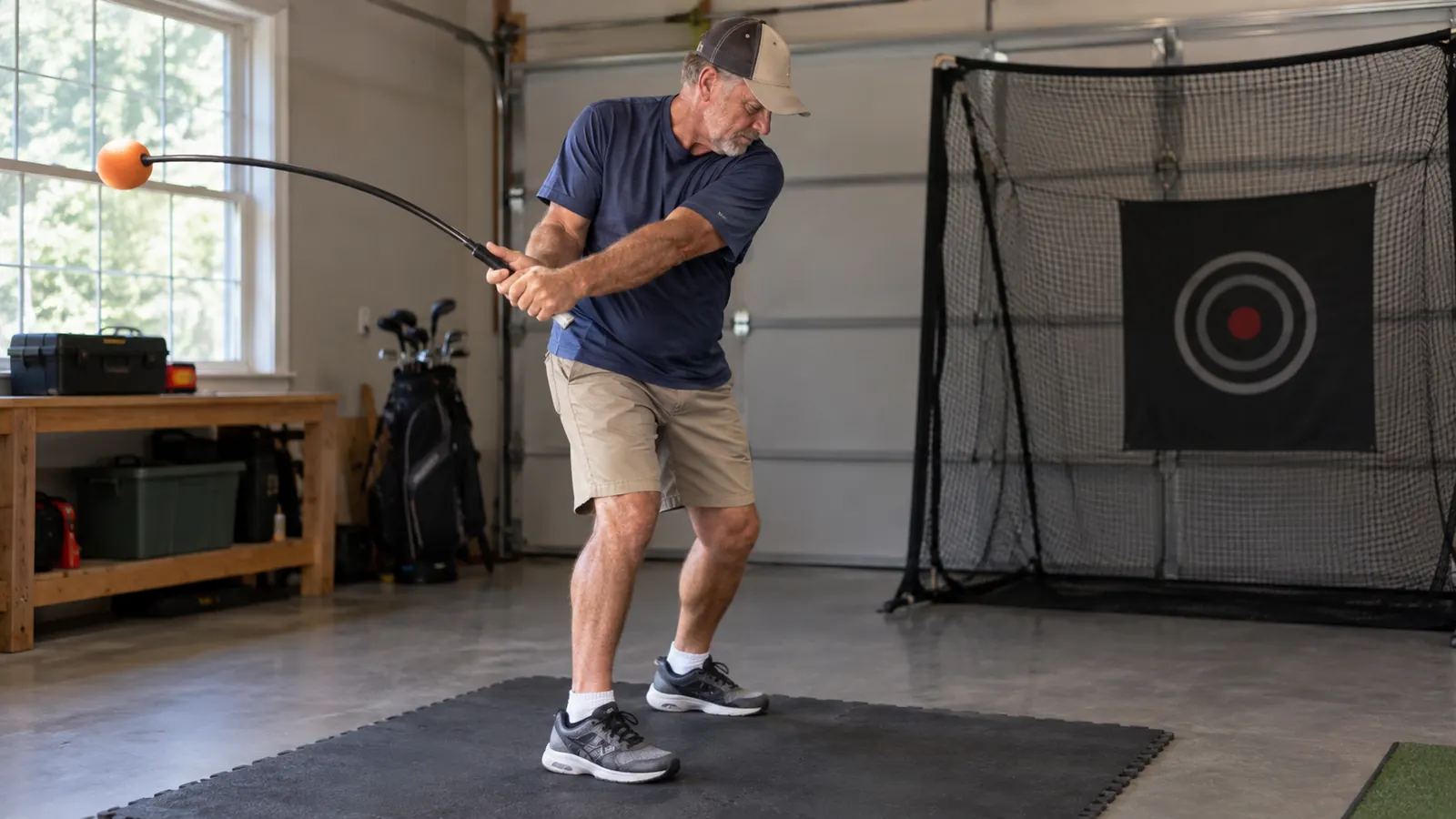 A golfer mid-swing with a weighted swing trainer on a foam mat in a garage practice area