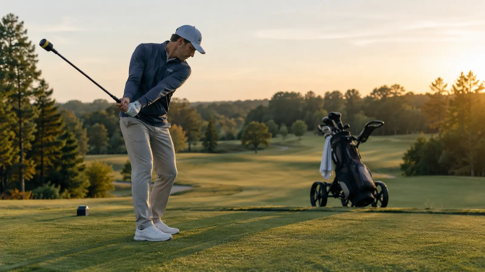 A golfer doing a slow practice swing with a weighted swing trainer on a tee box, with a push cart and golf bag nearby