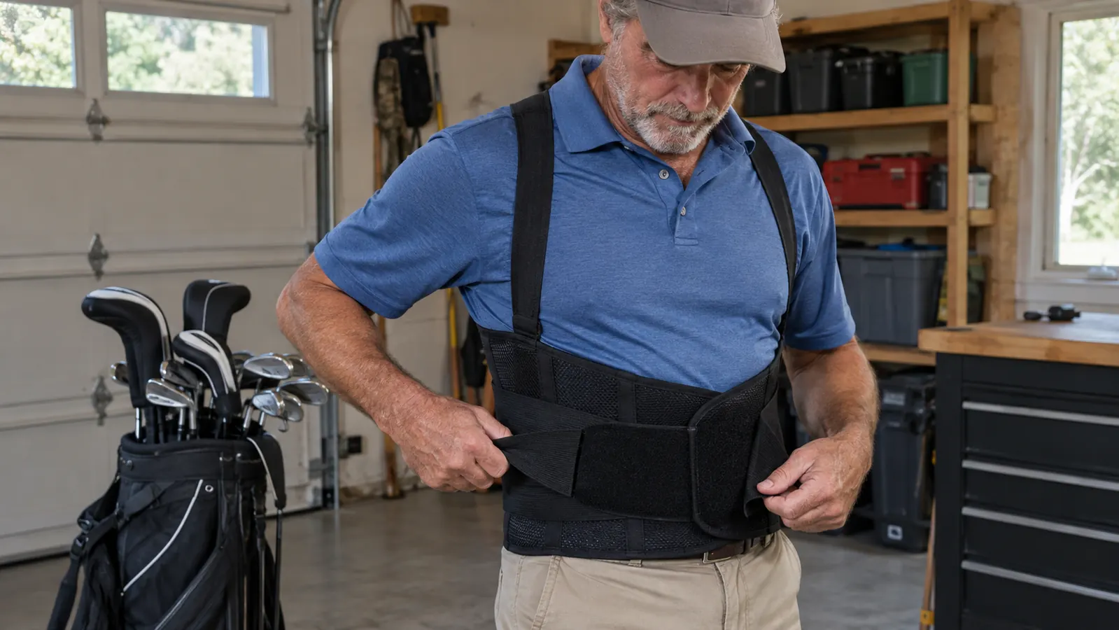 Hands adjusting a back brace over a golf polo shirt before a round