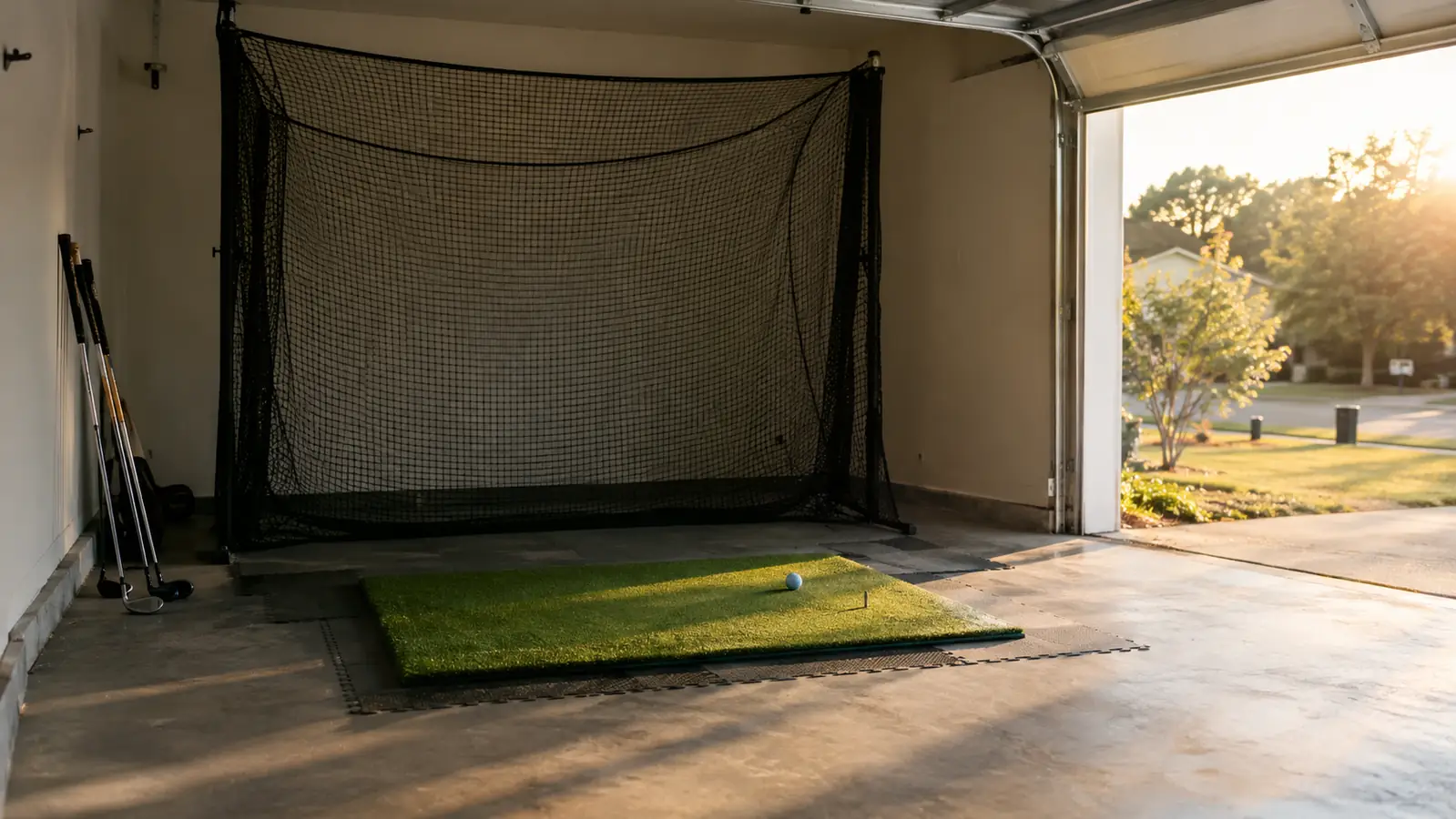 A garage hitting net with a foam mat and golf clubs ready for practice swings