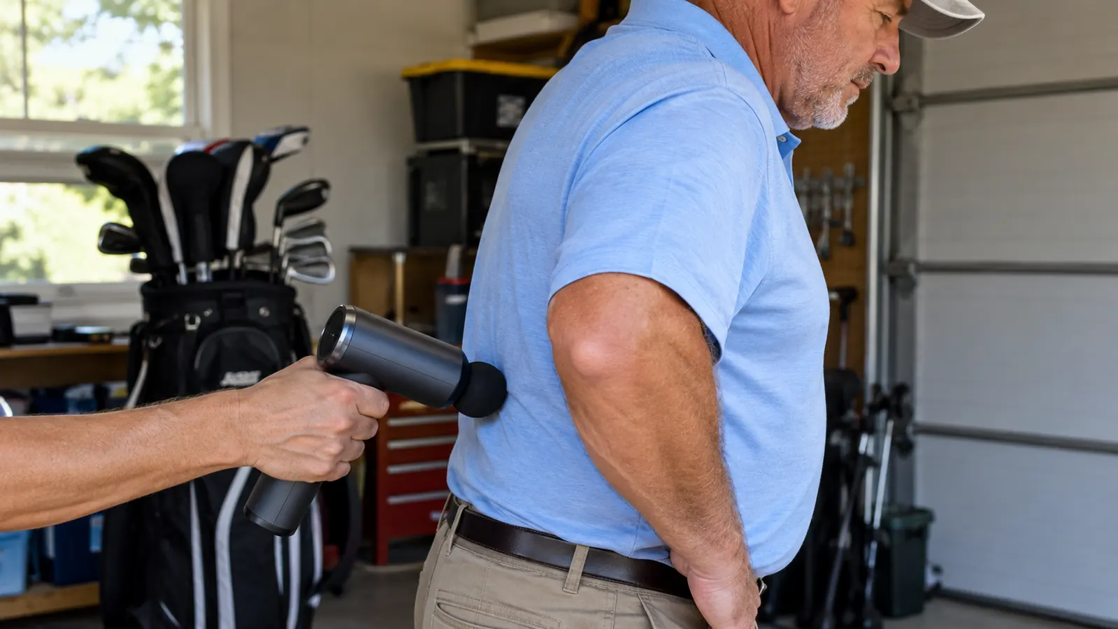 A hand pressing a massage gun against the lower back of a golfer in a polo shirt, standing beside a foam mat