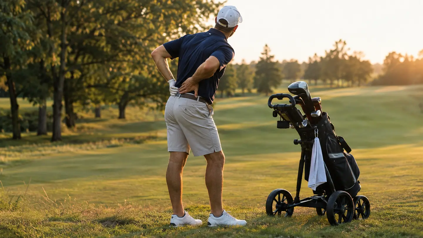 A golfer stretching his lower back beside a push cart at the edge of a fairway in late afternoon