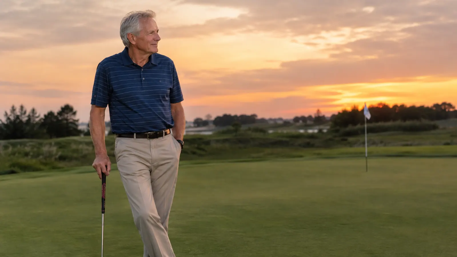 A scene of a golfer in his sixties standing on a practice green at dusk, holding a putter, looking relaxed