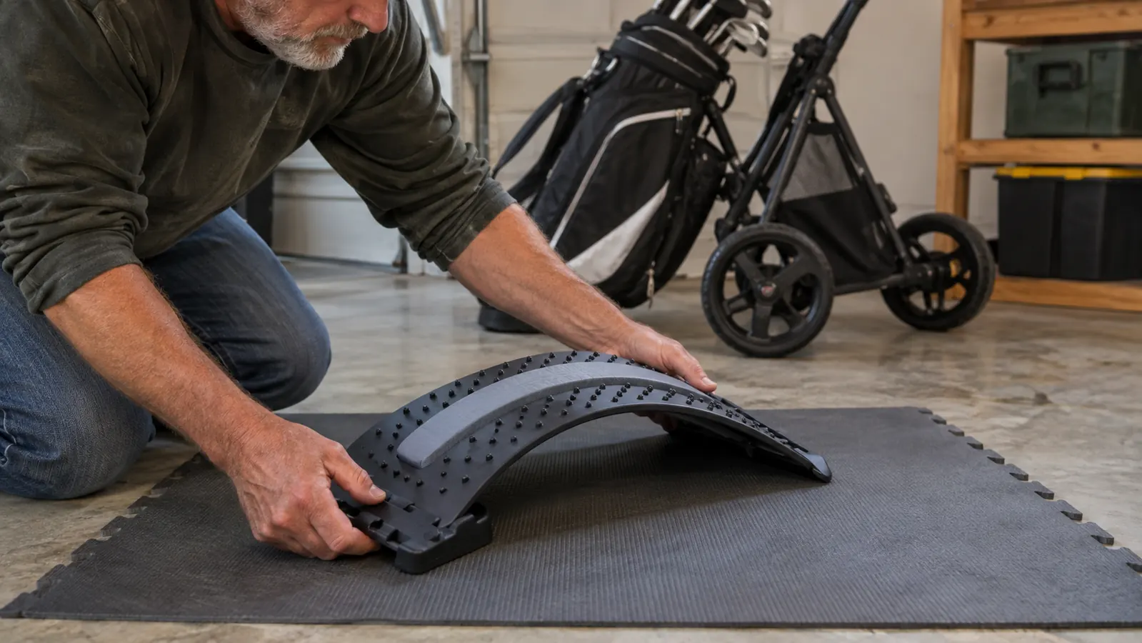A hand positioning a back stretcher on a foam mat beside a golf bag and push cart in a garage