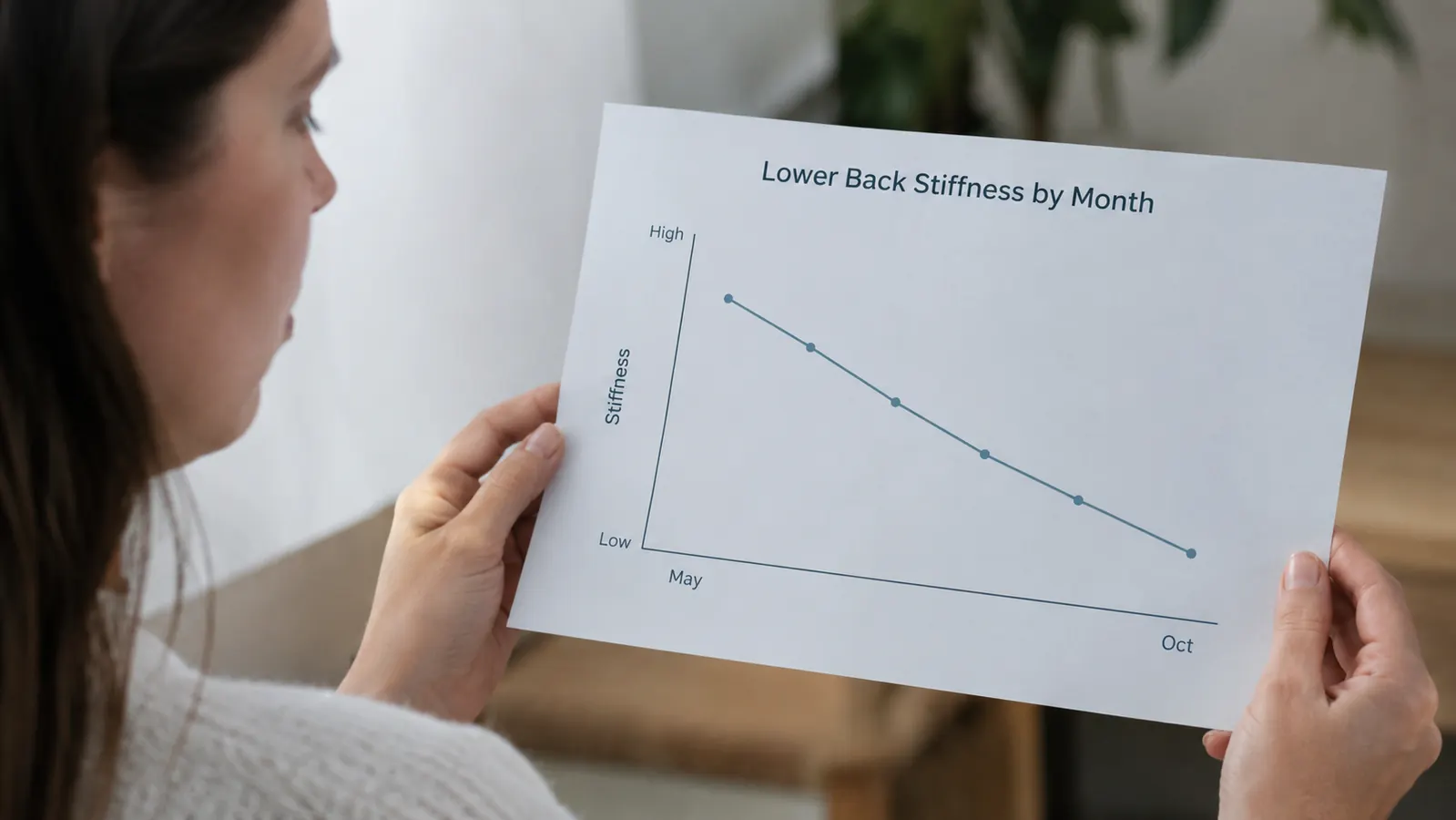 A simple line chart showing lower back stiffness trending down over six months from early May to late October