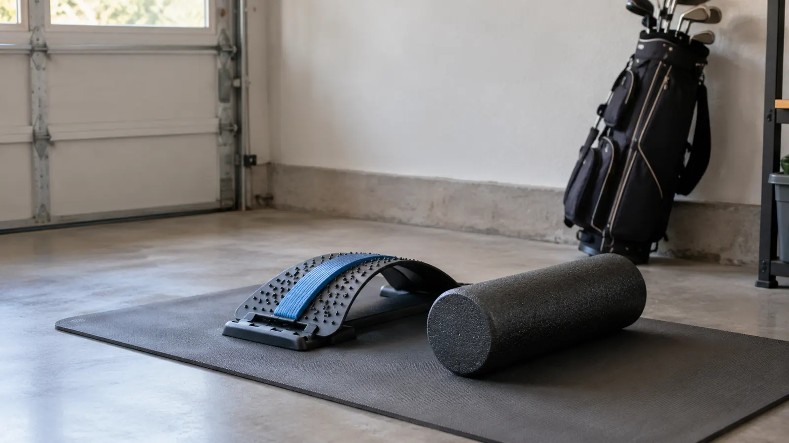 A back stretcher and a foam roller side by side on a foam mat in a garage, a golf bag leaning nearby