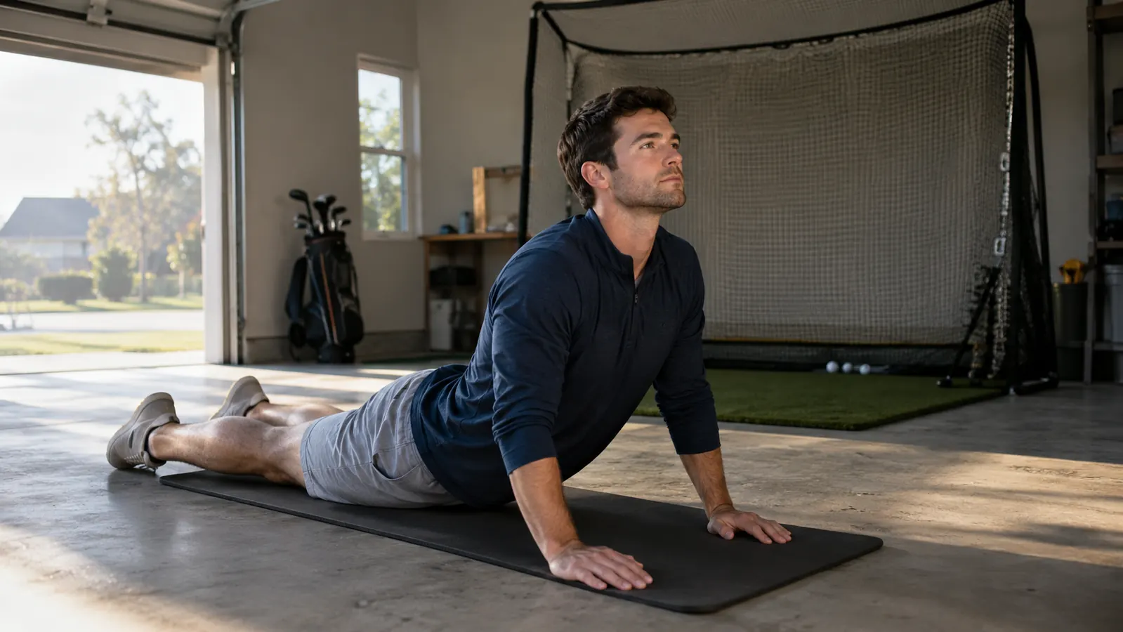 A golfer stretching the lower back on a foam mat in a garage after practice