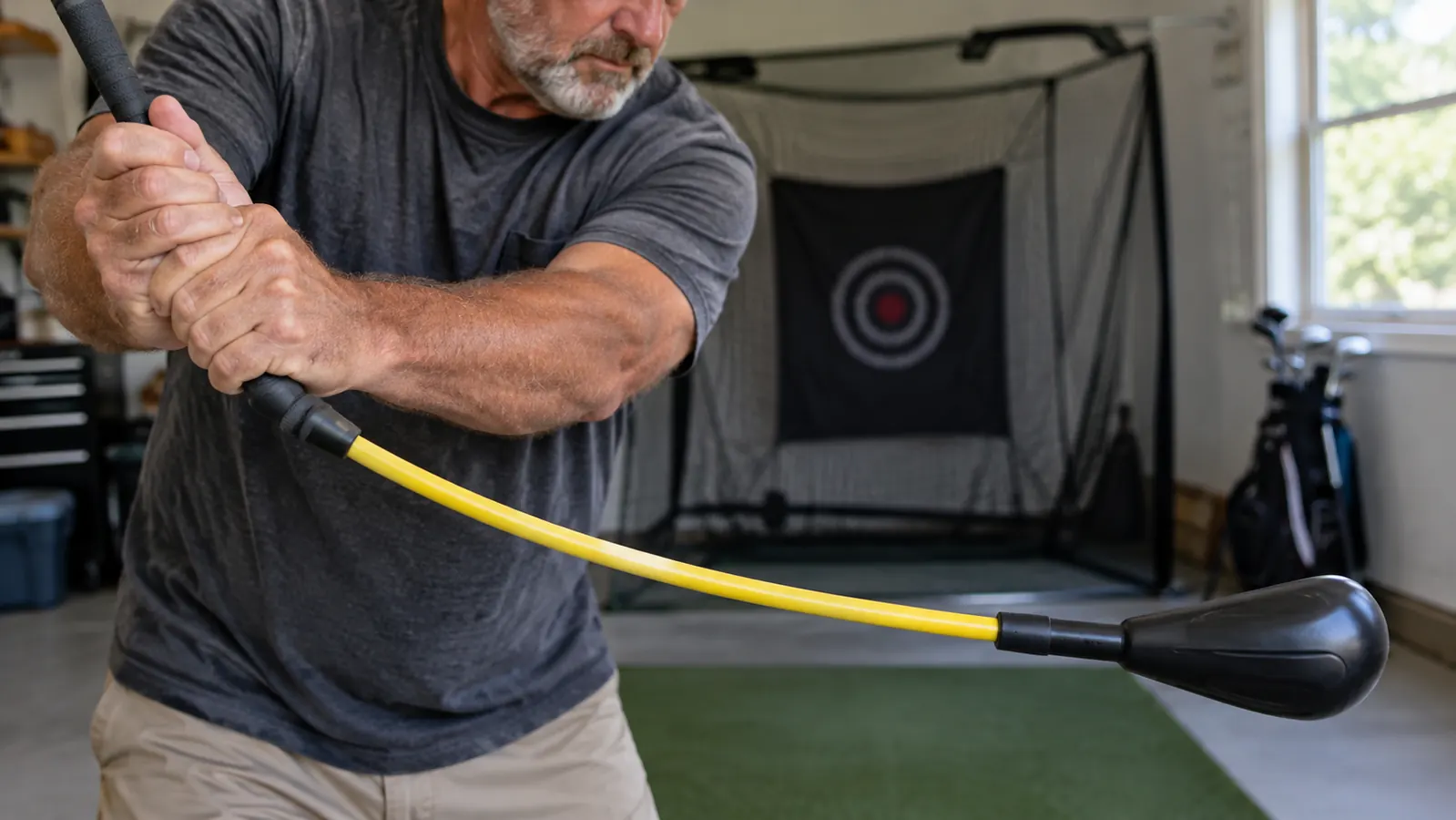 Close view of a golfer's hands holding a swing trainer during a practice swing in a garage