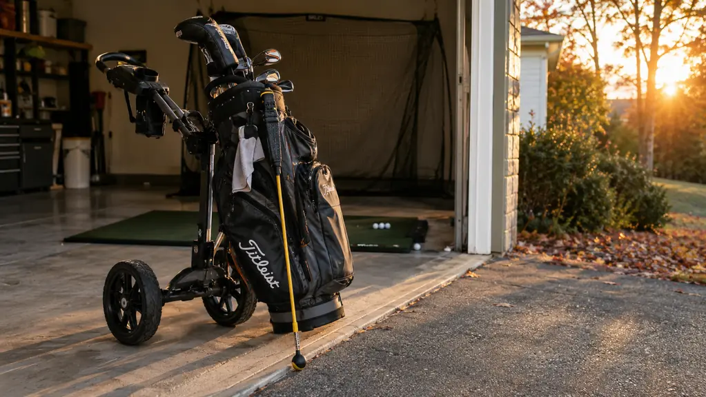 A golf bag and push cart by a garage door with a training aid leaning against the bag in late afternoon light