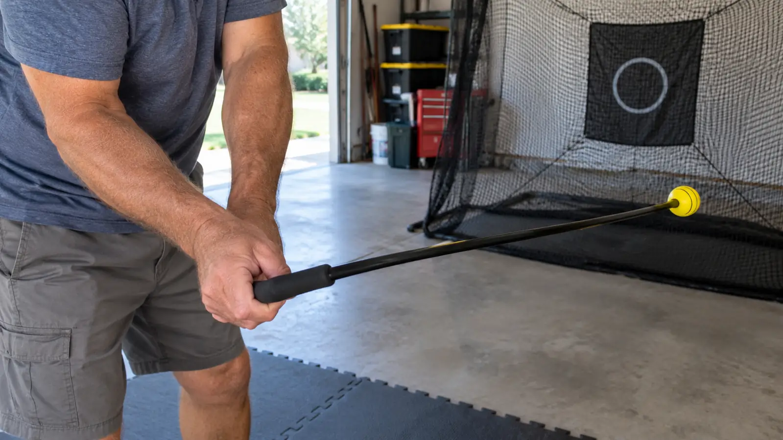 Close view of a golfer's hands on the grip of a swing trainer during a practice swing