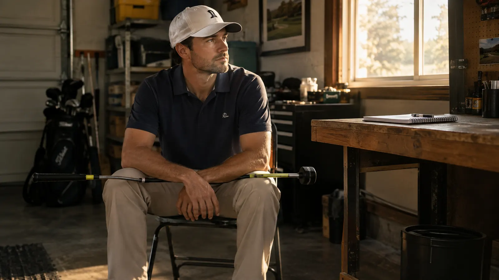 A golfer resting on a folding chair with a swing trainer across his knees in a garage