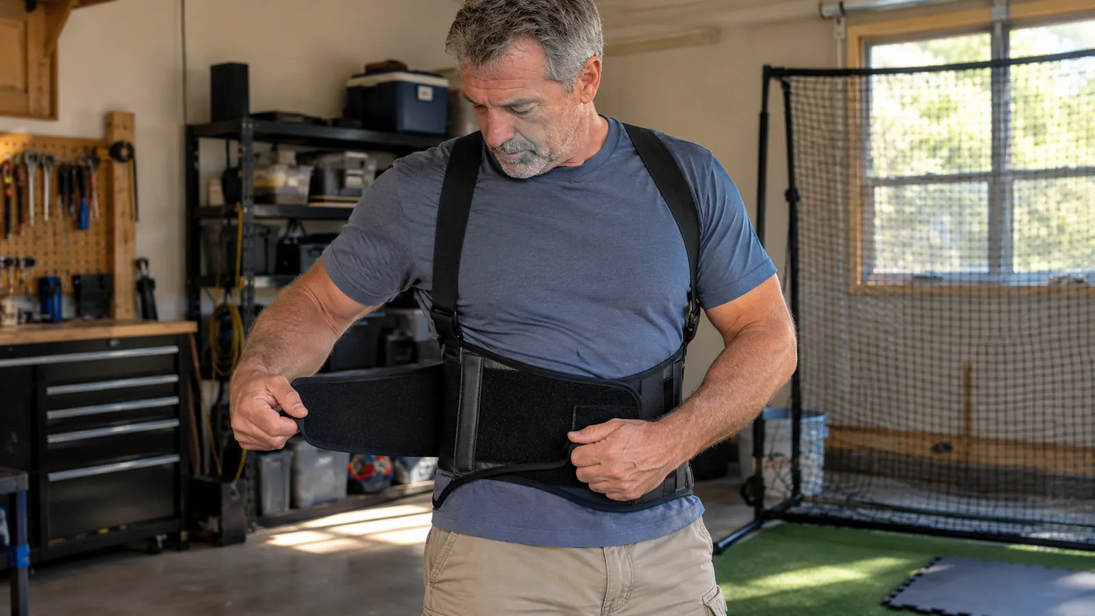 A person adjusting a back brace over a shirt in a garage, with a hitting net and foam mat behind