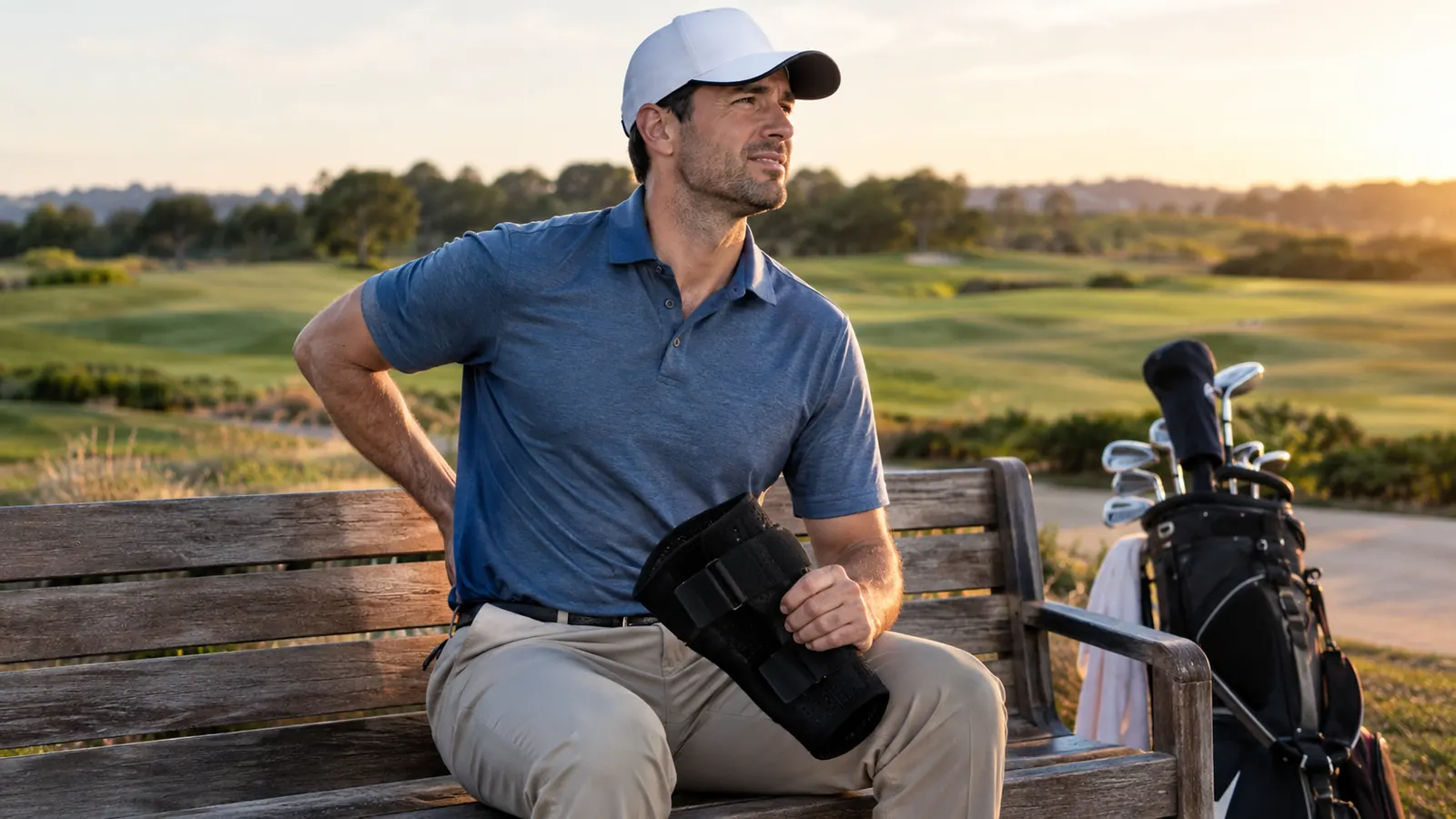 A golfer seated on a wooden bench between holes on a golf course, holding a back brace and stretching