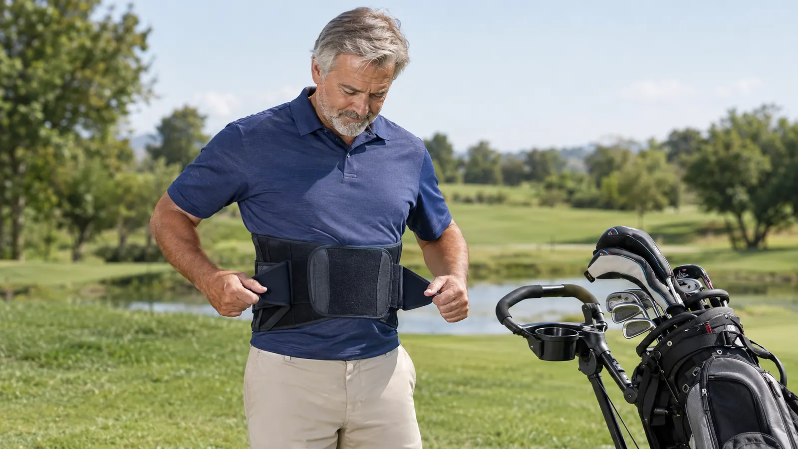A golfer adjusting a back brace over his shirt before a round, standing beside a push cart