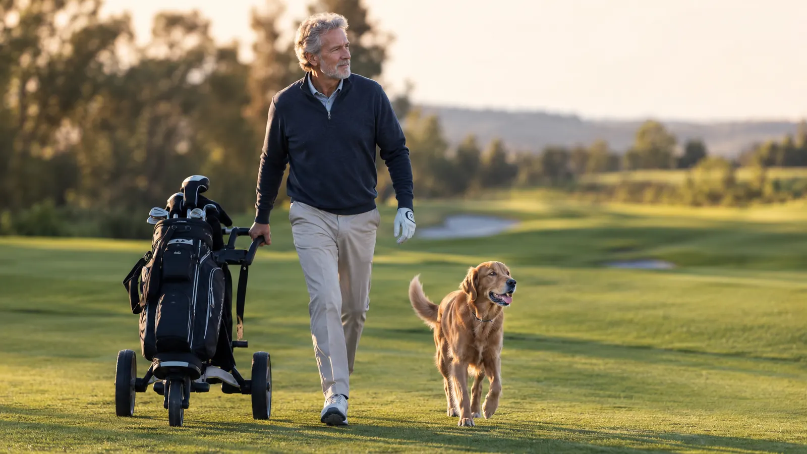 A golfer walking a fairway with a push cart and a young dog trotting alongside