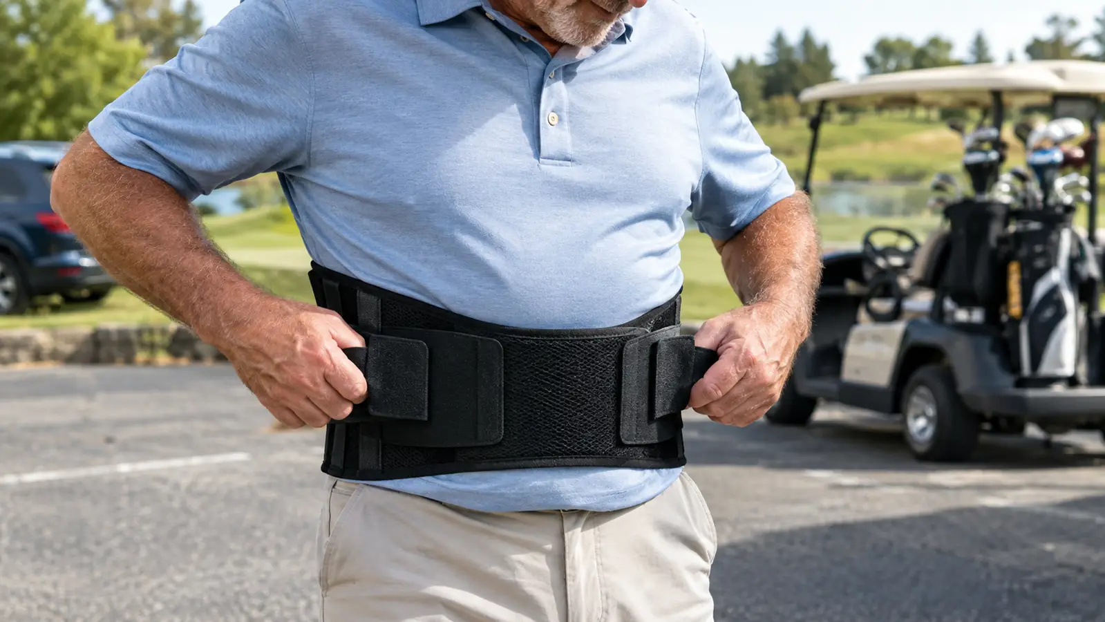 Hands adjusting a back brace over a polo shirt before a round of golf