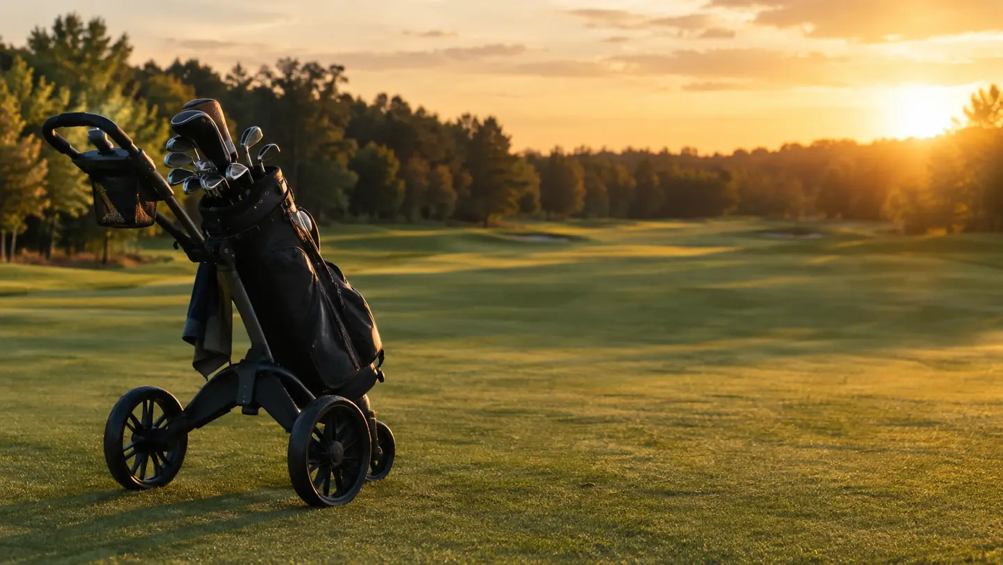 A golf push cart on a fairway in the evening