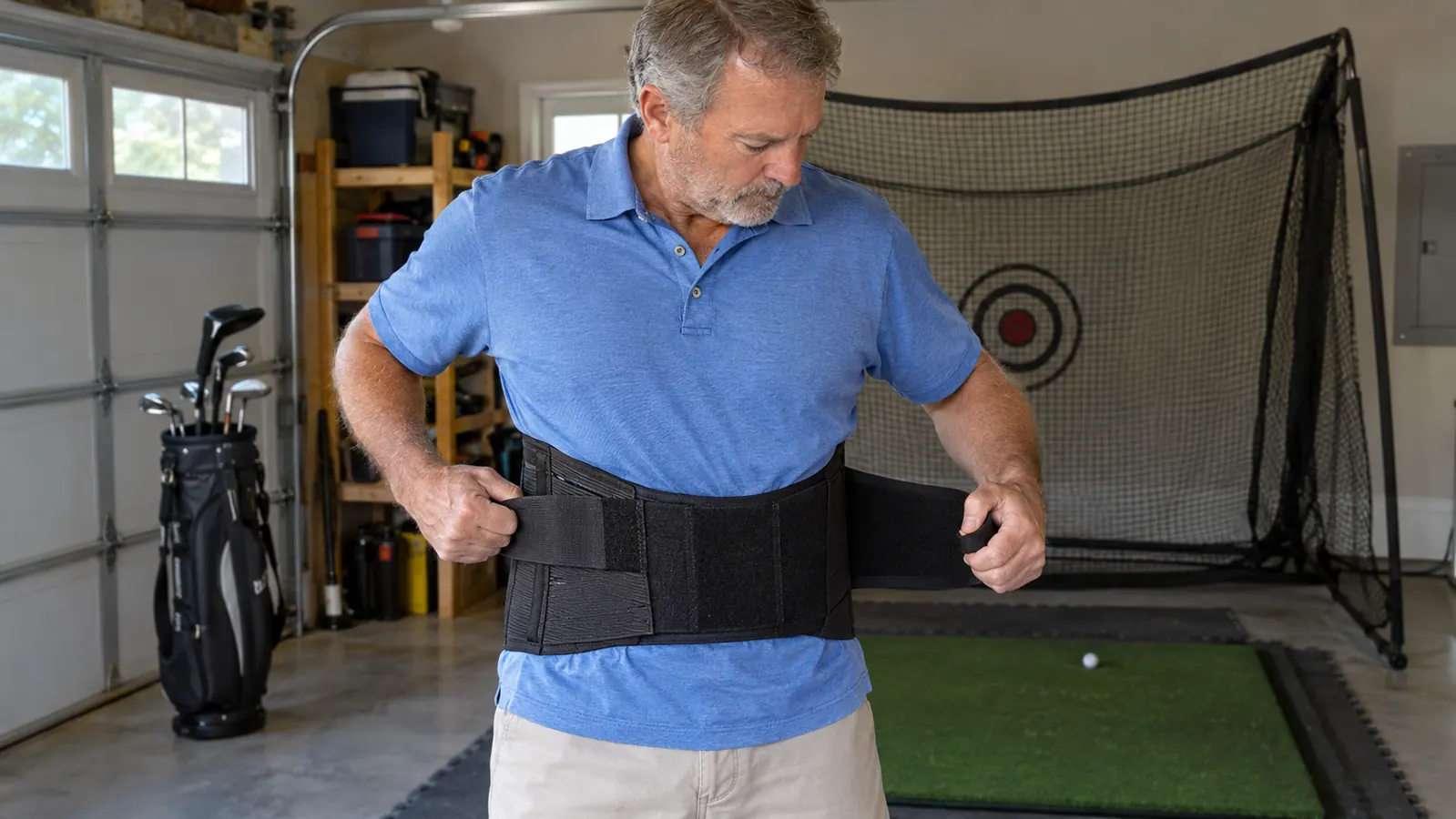Golfer fastening a back support brace over his golf shirt in a garage with a hitting net behind him