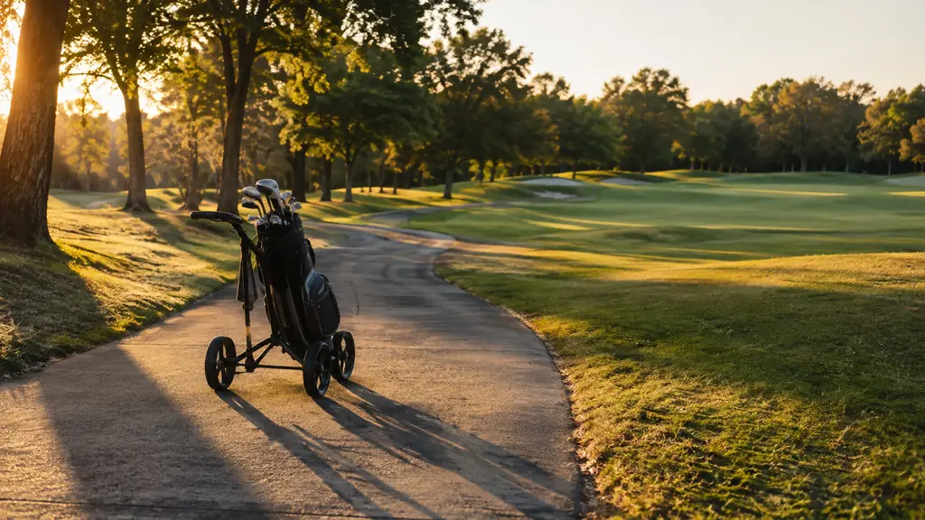 Golf push cart and bag on a cart path in late afternoon light, empty fairway ahead