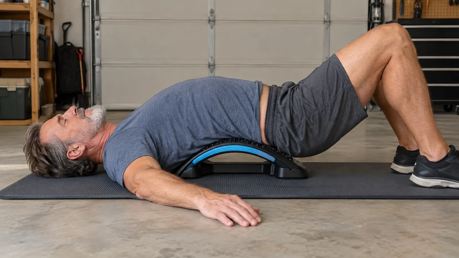 A person lying on a mat with a curved back stretcher under their lower back, arms relaxed at their sides
