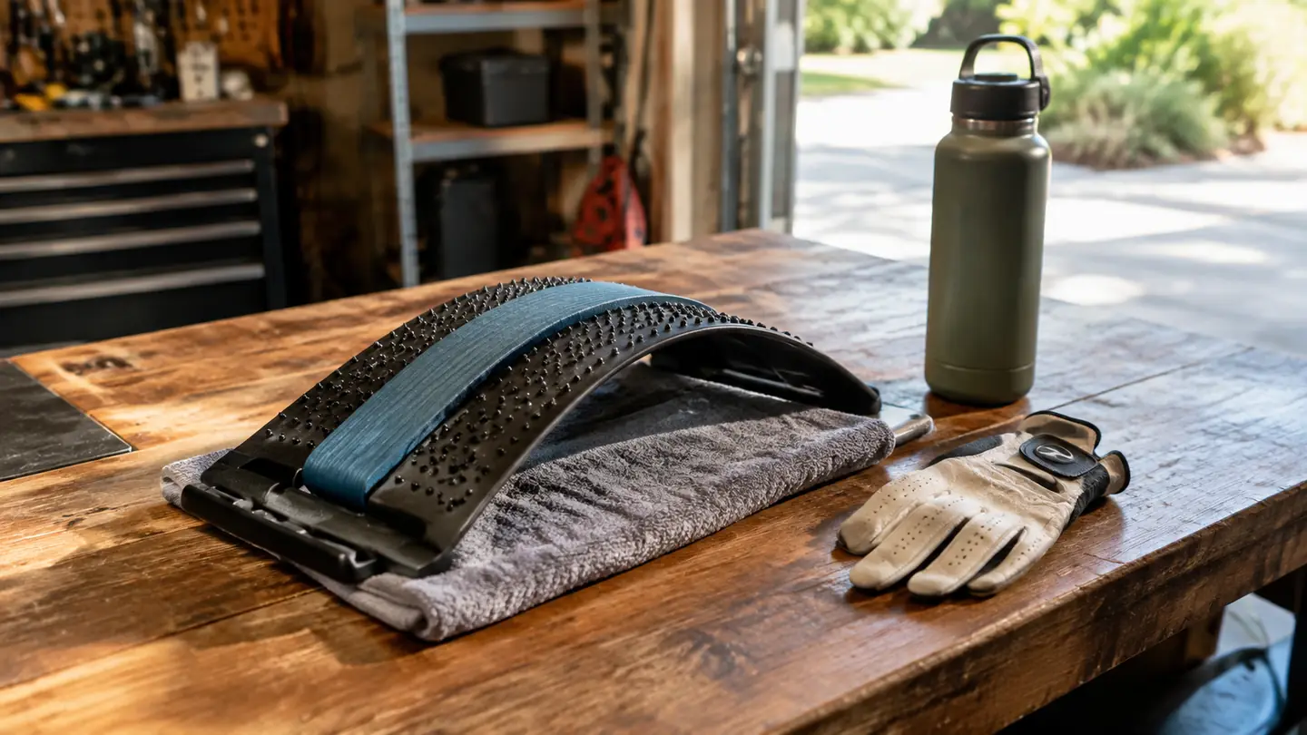 A back stretcher lying on a garage workbench beside a golf glove and a small towel