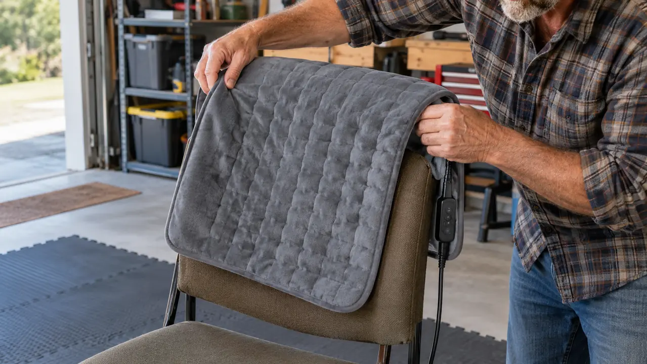 A person's hands placing a folded heating pad on the back of a chair in a garage