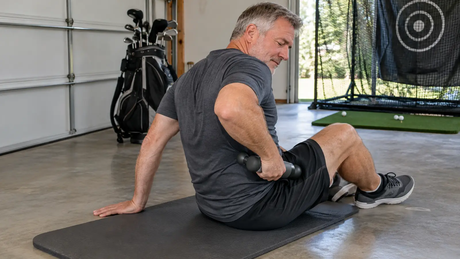 A person sitting on a foam mat using a massage gun on their lower back in a home garage